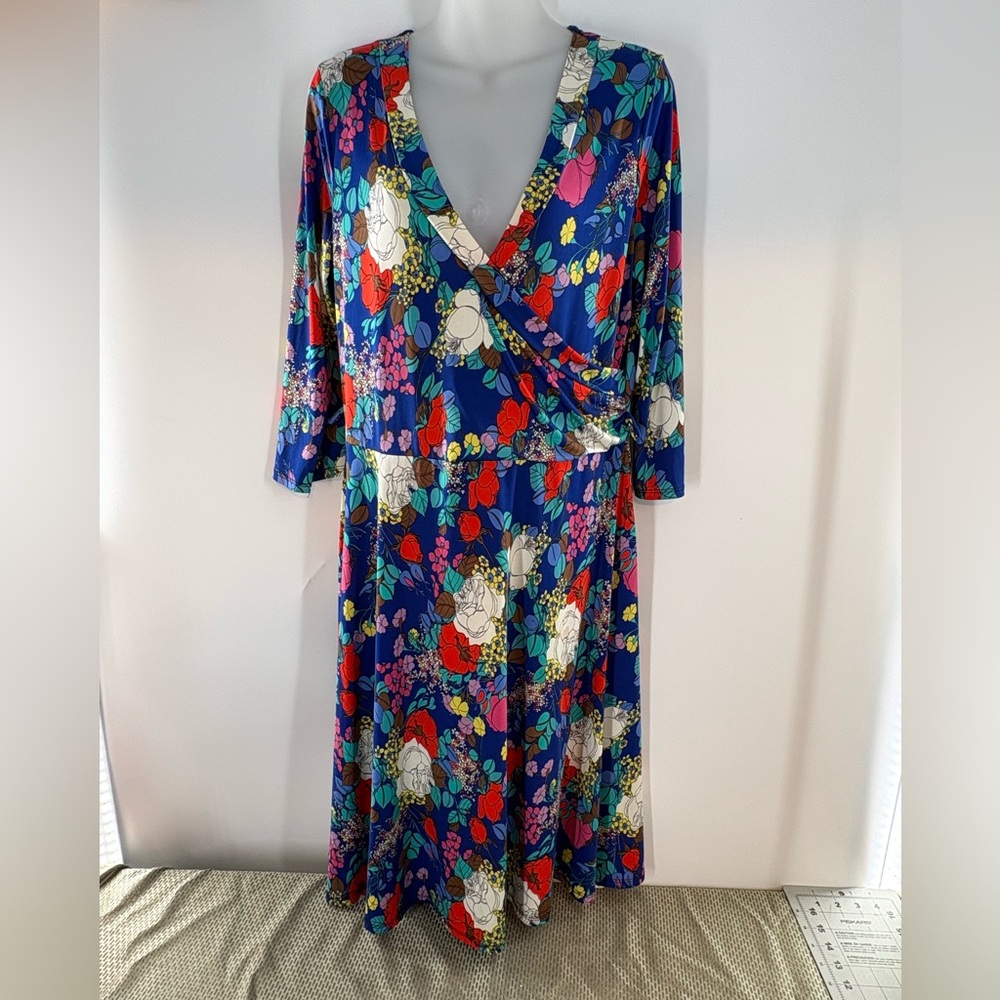 Maude Vivante Midnight Garden Floral Wrap Midi Dress – Blue/Multi Size L